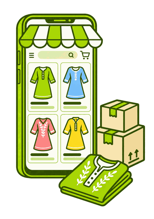 Phone showing product grid beside parcels
